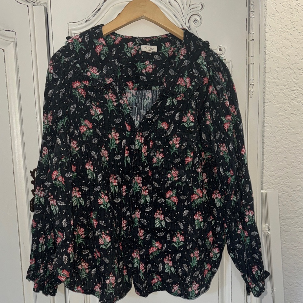 Pilcro Black Floral Blouse with Pink and Green Accents